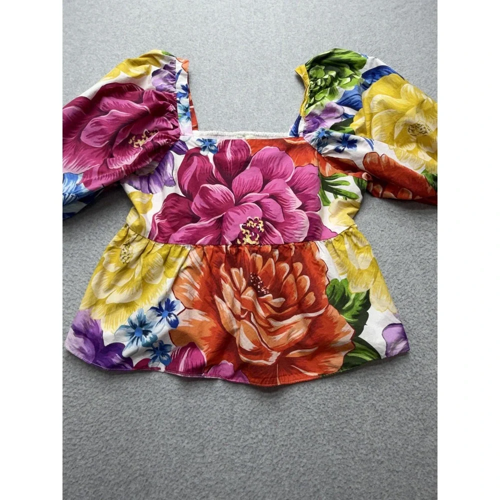 Farm Rio Blouse Womens Large Multicolor Floral Puff Sleeve Square Neck Boho